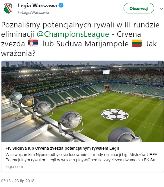 Znamy już potencjalnego rywala Legii w III rundzie el. LM